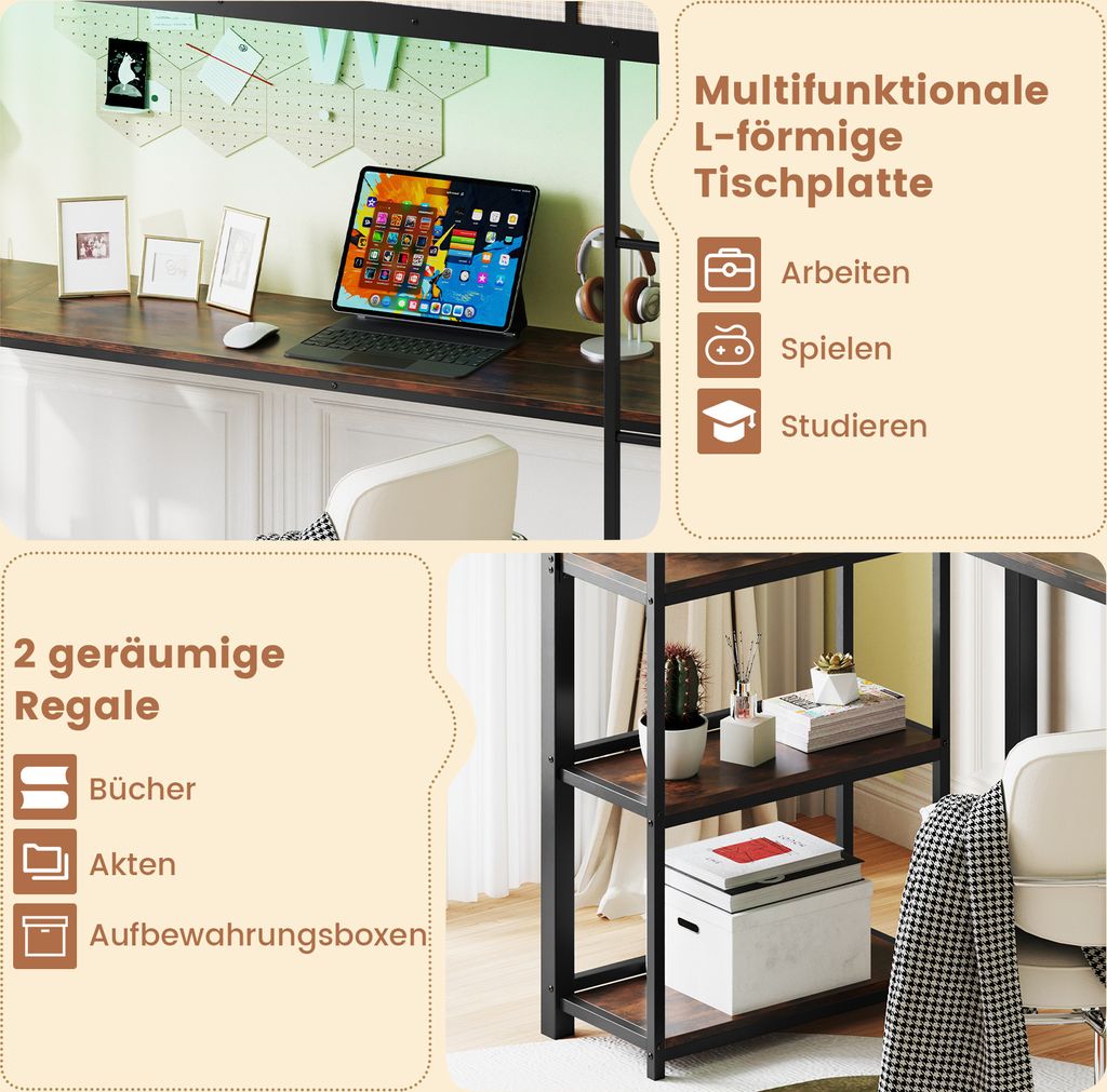 COSTWAY loft łóżko piętrowe 90x200cm z biurkiem, diodami Zdjęcie produktu 6