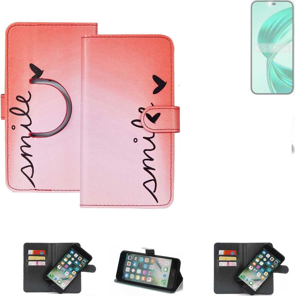 K-S-Trade Schutzhülle Handyhülle kompatibel mit Honor X8b Hülle cover bookstyle Etui ''smile'' rot Standfunktion Kameraschutz (1Stk)