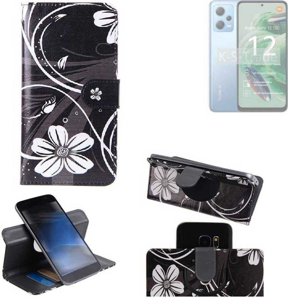 K-S-Trade Schutzhülle Handyhülle kompatibel mit Xiaomi Redmi Note 12 5G Hülle 360° Wallet Case “Flowers“ Klapphülle Hülle schwarz-weiß 1x