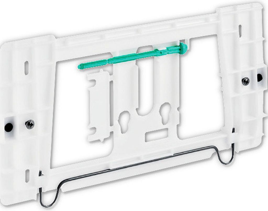 A white plastic mounting frame with a green plastic component and a black metal wire.