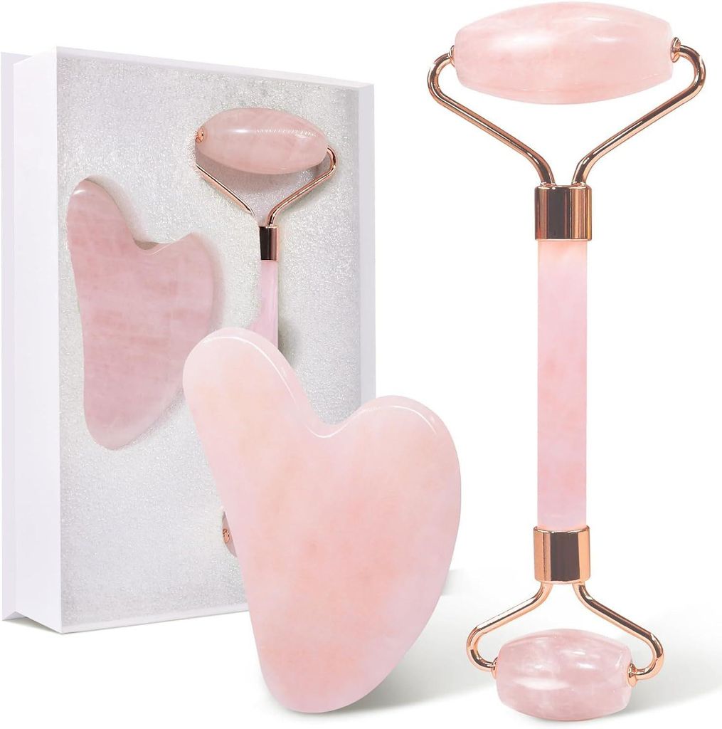 Gesichtsmassagegerät Gua Sha Gesichtsroller Set aus Rosenquarz Jade Roller für feine Linien , 2-teiliges Set. Rosenquarz Doppelend