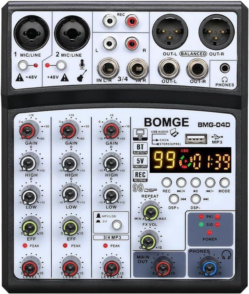 Bomge DJ Audio Mixer, 4 Kanal, 16 DSP-Echo, Tonschnittstelle, Mischkonsole, Karaoke MP3, USB, Bluetooth, Stereo-Aufnahme, 48 V Phantom Power-04d