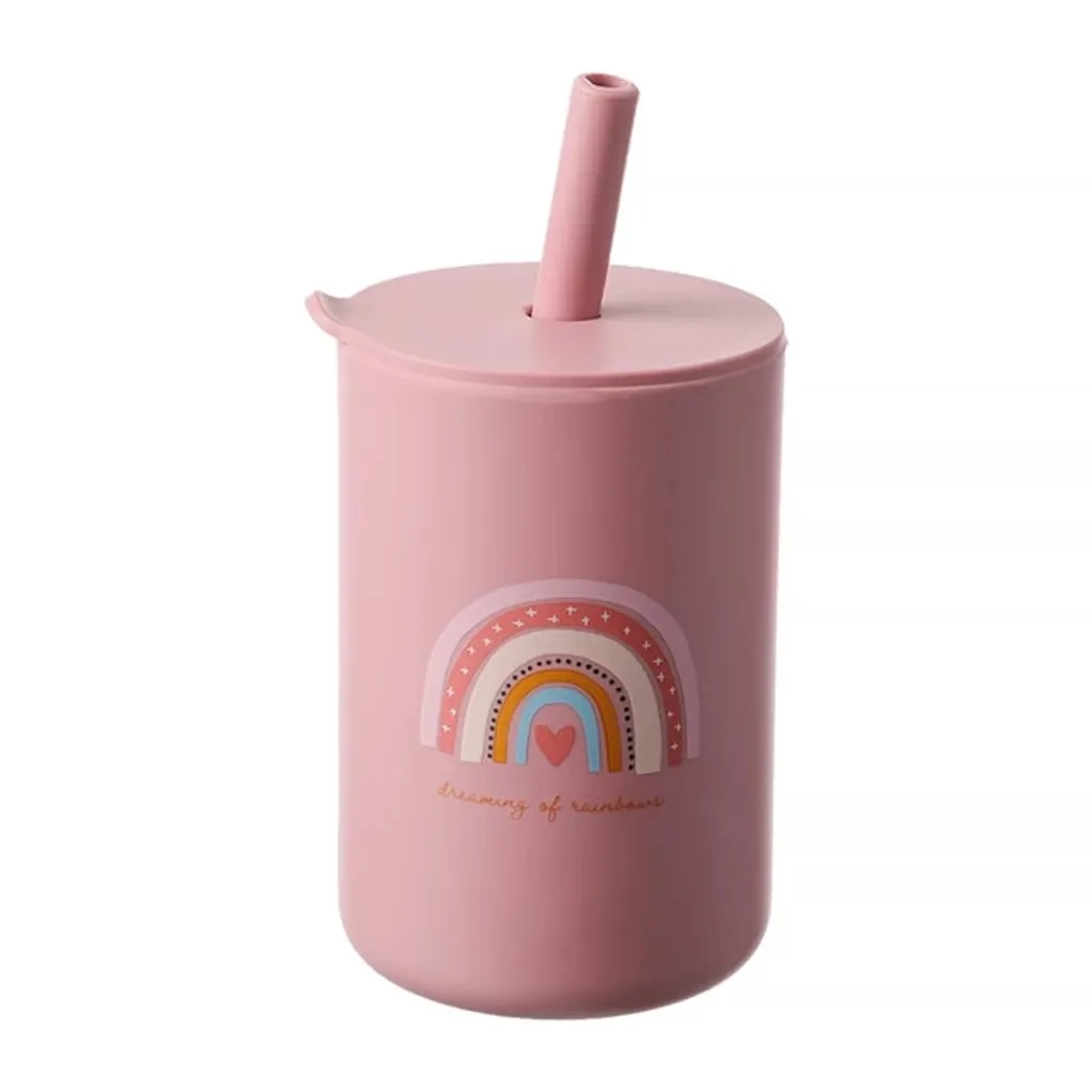 SANDJEST Isolierbecher Für Kinder – 340 Ml, Edelstahl Mit Silikon-Trinkhalm, Rosa Mit Schleifen