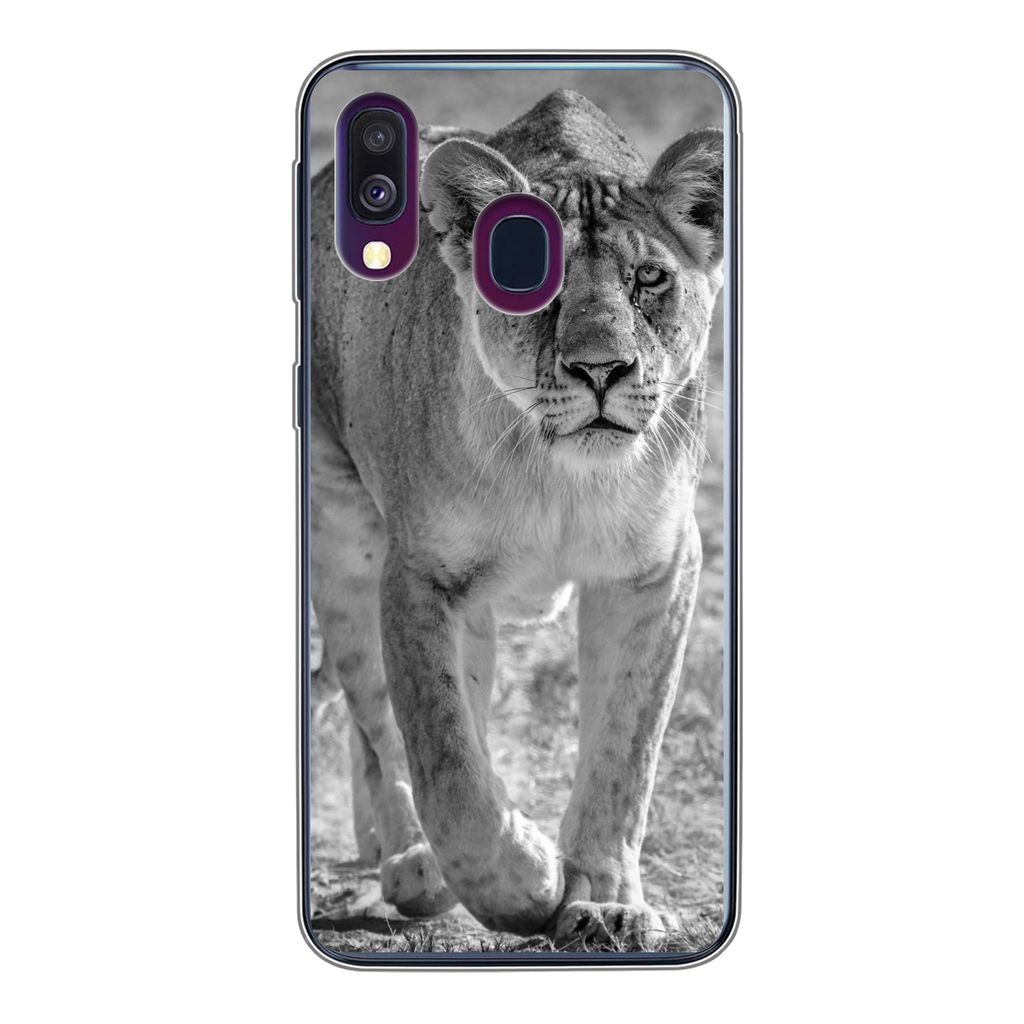 MuchoWow Handyhülle Schutzhülle Hülle für Samsung Galaxy A40 Löwe - Schwarz - Weiß Silikon Softcase Handy Hülle - Handy-Tasche