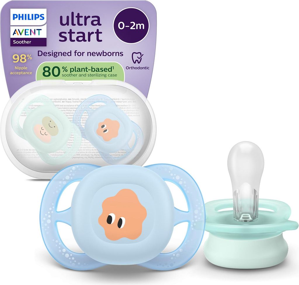 Philips Avent ultra start Schnuller – kiefergerecht geformtes Design, für Neugeborene, weicher, symmetrischer Silikonsauger, BPA-frei, mit Steri...