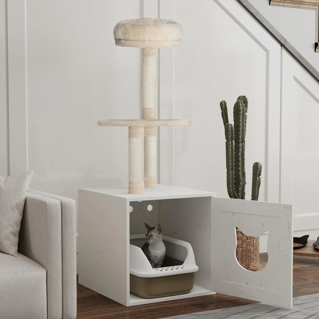 Arbre à chat d'appartement avec cache-litière fermé beige 129 cm - 3