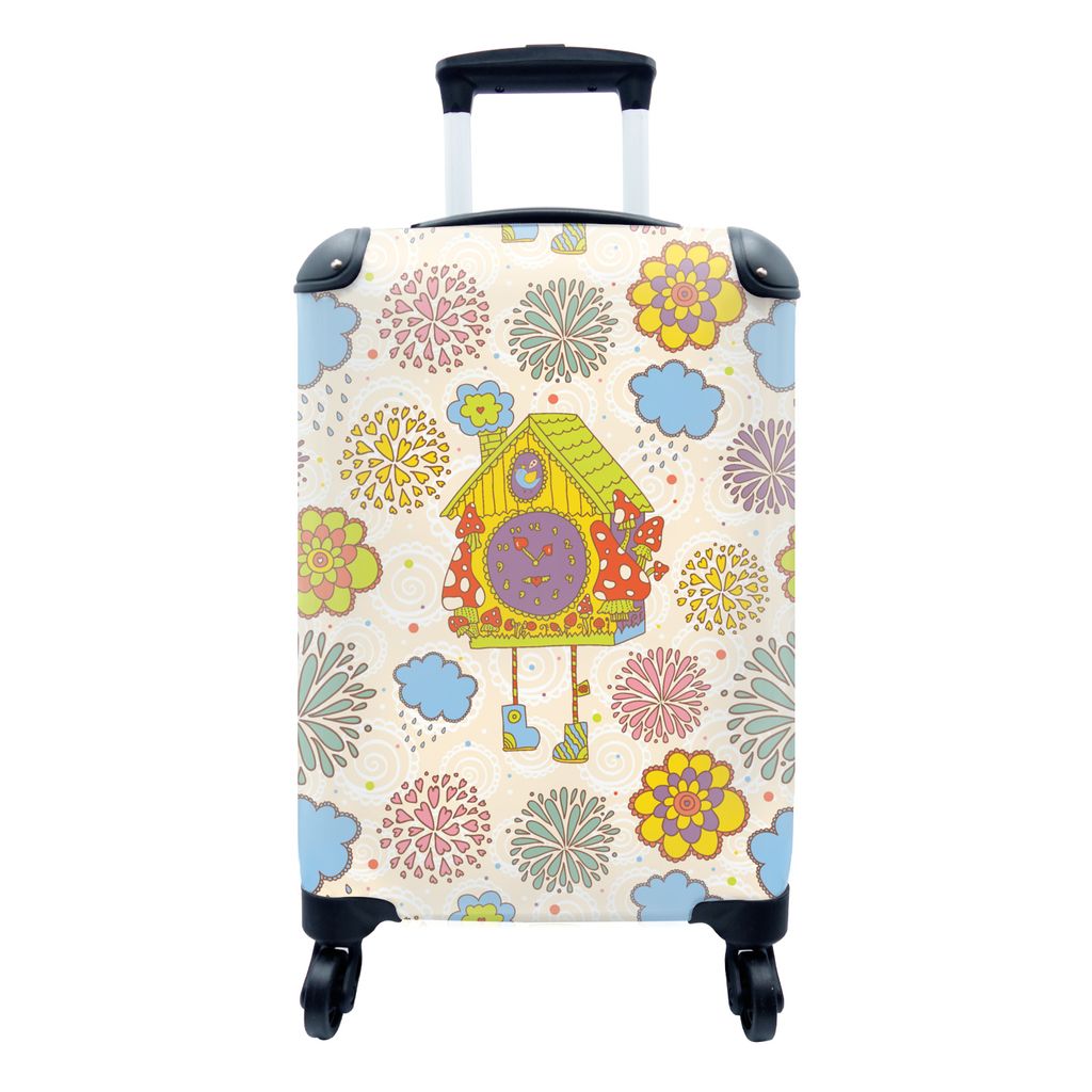 MuchoWow Koffer Handgepäck Trolley Rollkoffer Kleine Reisekoffer mit 4 Rollen - Kuckucksuhr - Muster - Pilz - Blumen - Cabin Size < 55x40x23 cm ...