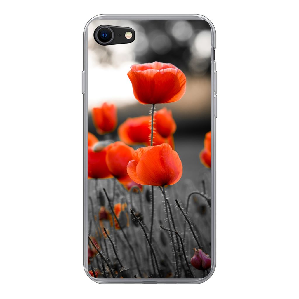 MuchoWow Handyhülle Schutzhülle Hülle für iPhone SE 2020 Rote Mohnblumen vor schwarzem und weißem Hintergrund Silikon Softcase Handy Hülle ...