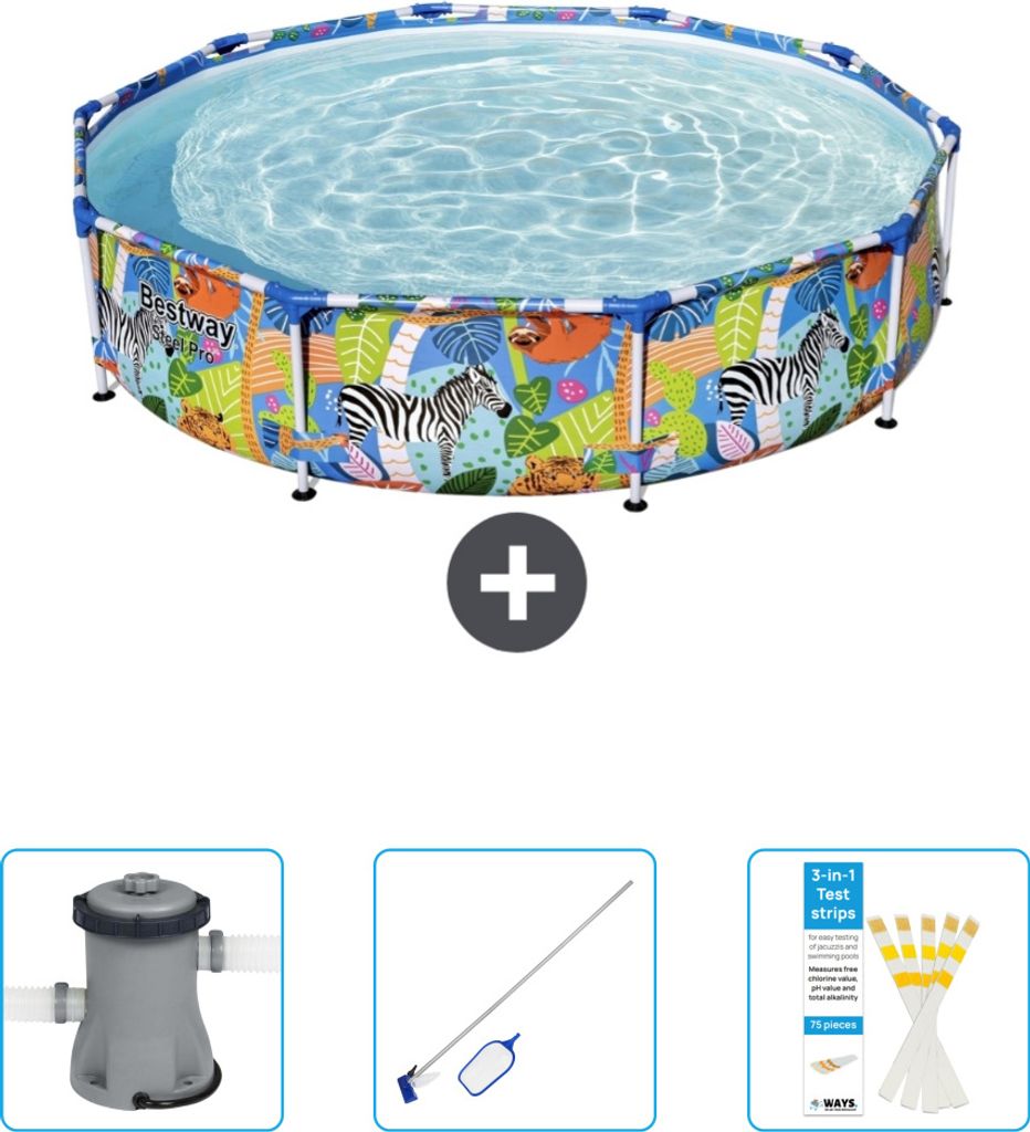 Bestway Round Steel Pro-Schwimmbecken – 305 x 66 cm – Dschungel-Druck – im Lieferumfang enthalten Pumpe - Reinigungskit - Teststreifen