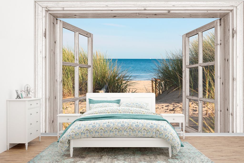 MuchoWow Fototapete für Wohnzimmer oder Schlafzimmer Wandtapete Vinyl Motivtapete Durchblick - Strand - Meer - Dünen - Sand - Wasser - Hochgras...