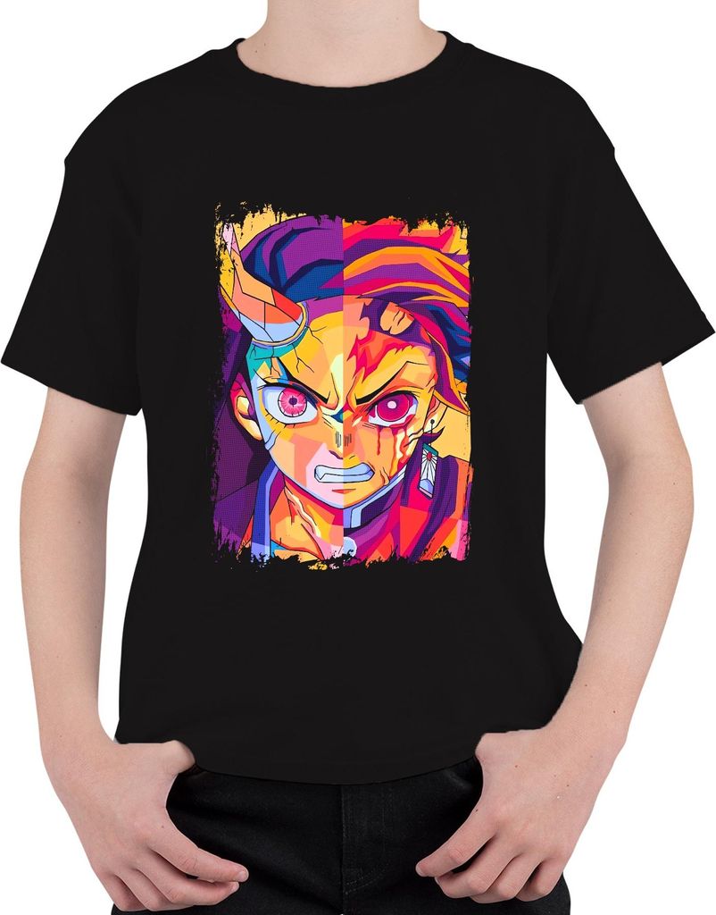 Dämonenjäger Anime Hanafuda Ohr blutiges geteiltes Gesicht Japan Y2K Streetwear Uni Kinder T-Shirt, Schwarz, 104