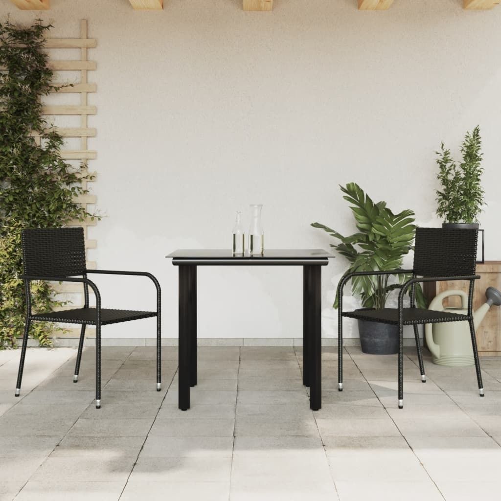 Möbel 3-tlg. Garten-Essgruppe Schwarz Poly Rattan und Stahl - Gartenmöbelgarnituren 3203280