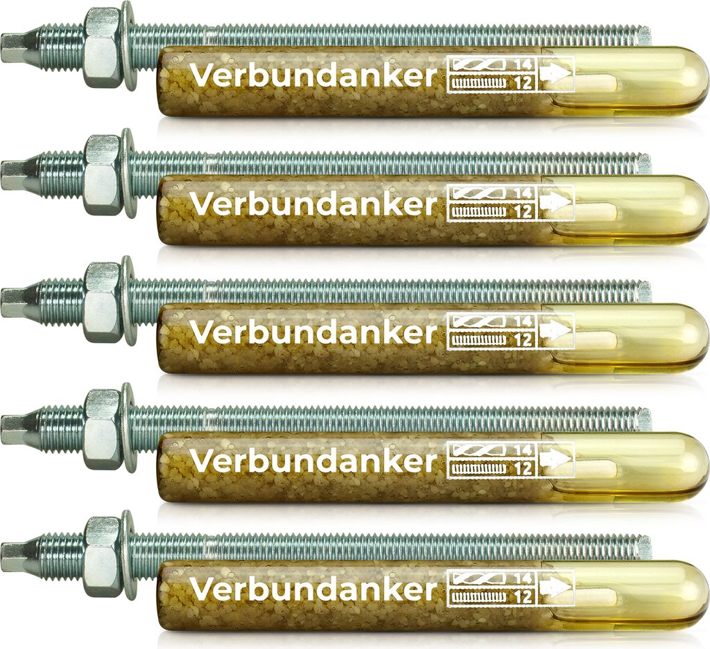 Isolbau Verbundanker Set - Verbundankerpatrone styrolfrei V12 + Ankerstange verzinkt M12 x 160 - ETA/ETAG Zulassung - 5 Stück