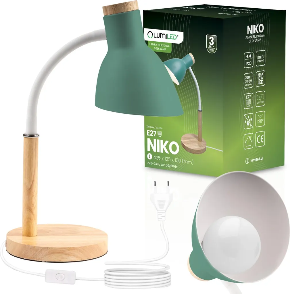 LUMILED Lampe de bureau E27 13W Vert avec Détails en bois et Bras flexible