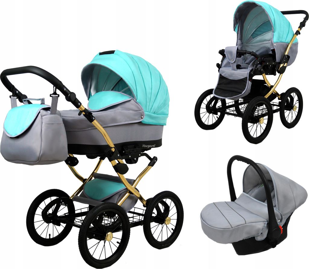 BabyLux Margaret Gold | 3in1 Kinderwagen Set | Mint | Kombikinderwagen | Kinderwagenset | Buggy