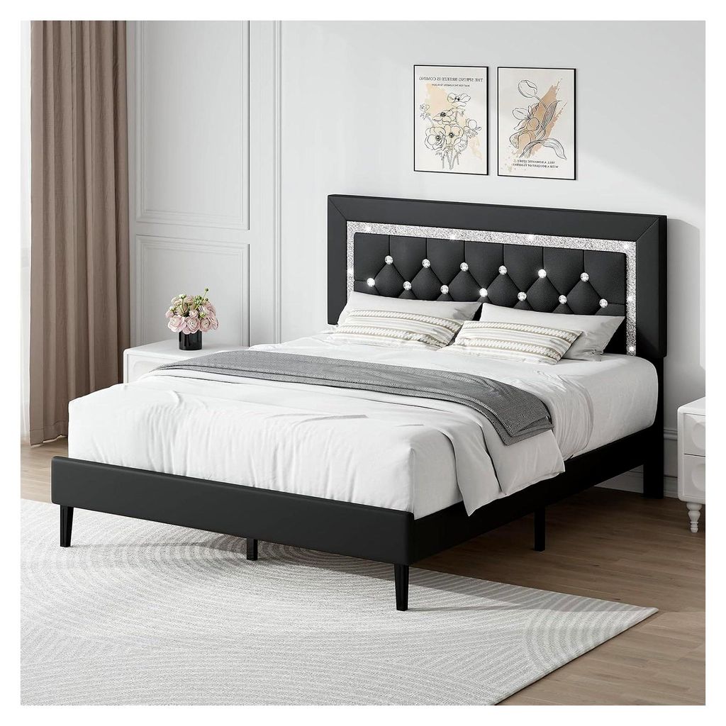 Polsterbett 140 x 200 cm: Doppelbett mit höhenverstellbarem Kopfteil, stabiler Bettrahmen mit Lattenrost, gepolstertes Bettgestell, Schwarz