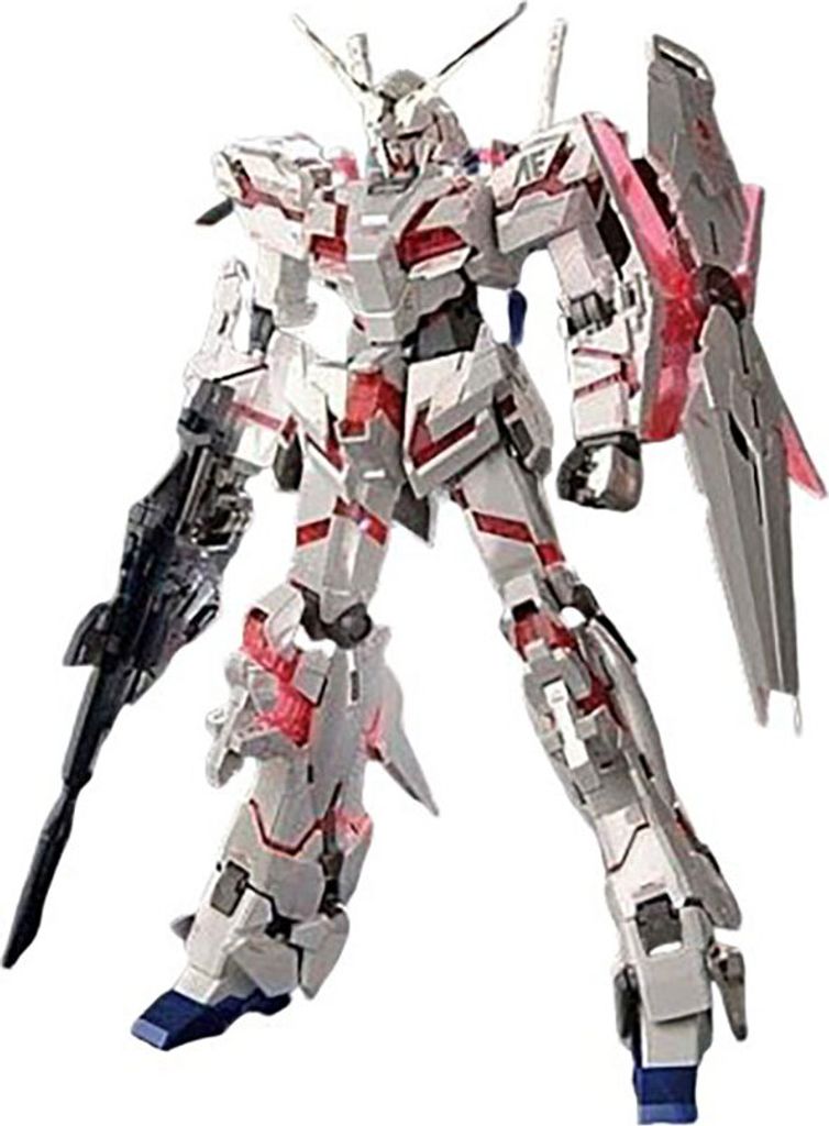 A detailed shot of a white and red robot figure.