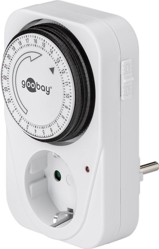 A white Goobay analog timer with a black dial and a European-style socket is shown against a white background.