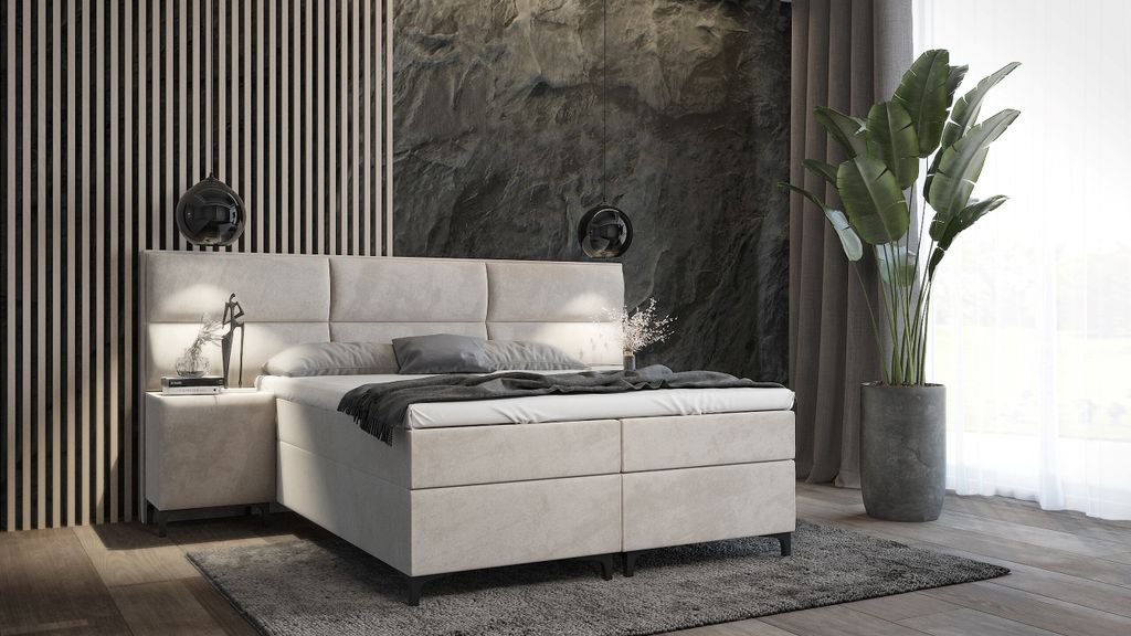 SALES LEADER Boxspringbett MONACO 180x200 cm Polsterbett mit zwei Bettkästen, Komplett-Set mit Matratze und Topper (4cm), Beige, Bett Stoff JASMIN...