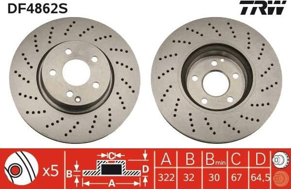 TRW DF4862S Bremsscheibe OE 2044211012 kompatibel mit C-Klasse, E-Klasse