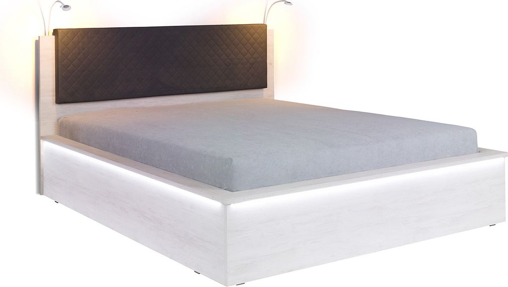 FURMEB24 | Modernes Doppelbett | DENVER 160x200 cm | Holzoptik, gepolstertes Kopfteil, Metallrahmen | LED-Streifen und LED-Lampe inklusive