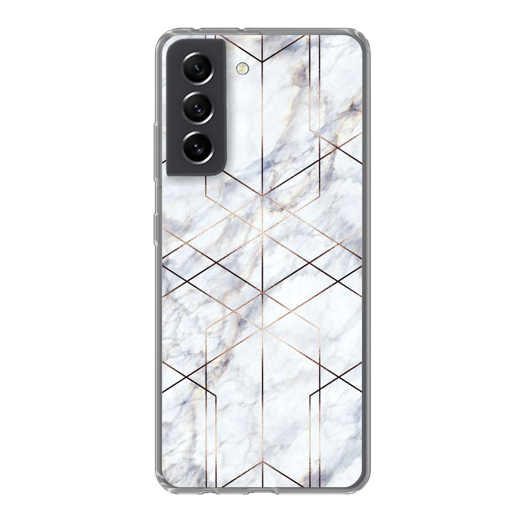 MuchoWow Handyhülle Schutzhülle Hülle für Samsung Galaxy S21 FE Marmor - Gold - Weiß Silikon Softcase Handy Hülle - Mobiltelefonhülle