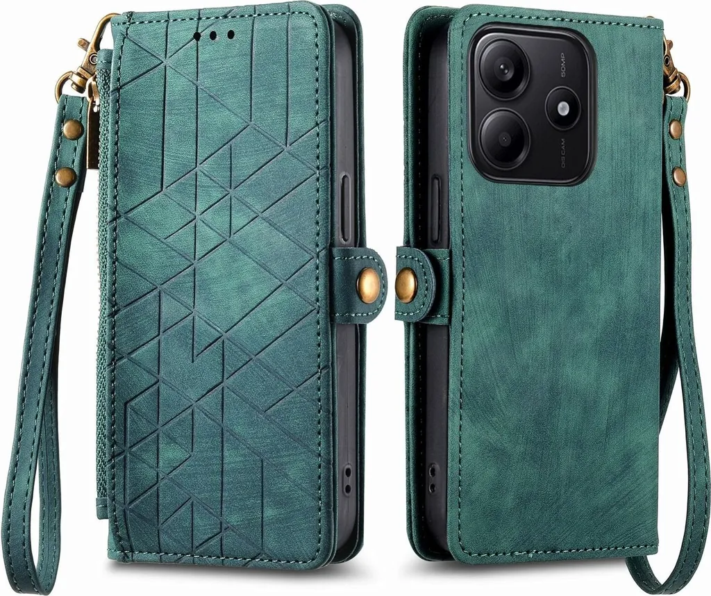 Custodia Xiaomi Redmi Note 14 5G Anti-Caduta con Zip e Portafoglio Verde