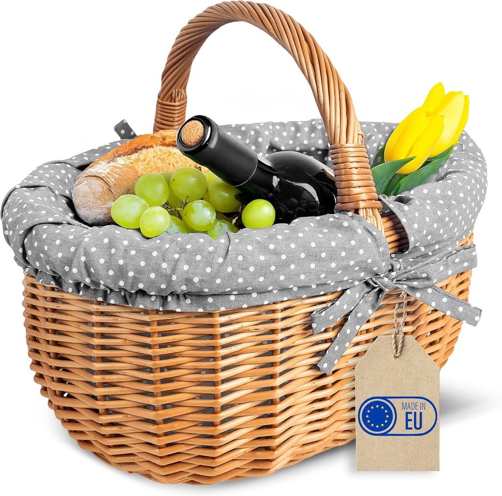 Creative Home Großer Picknickkorb mit Stoffeinlage Grau mit Pünktchen 43 x 32 x 37 cm (+/- 2 cm)