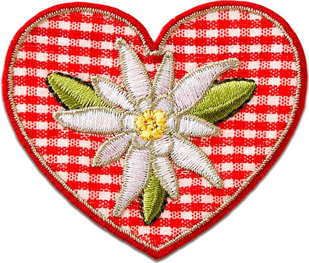 Karoherz Mit Edelweiß - Aufnäher, Bügelbild, Aufbügler, Applikationen, Patches, Flicken, Zum Aufbügeln, Größe: 6 x 5 cm