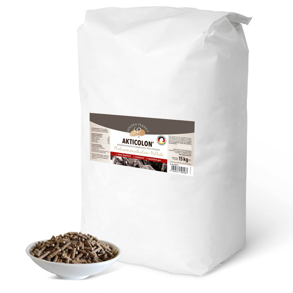 GOLDEN PEANUT Akticolon Flohsamen Pellets 15 kg - Flohsamenschalen pelletiert, Ergänzungsfutter für Pferde & Ponys - Das Original