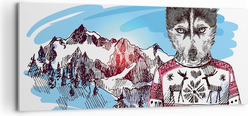 Bild auf Leinwand - Leinwandbild - Husky Berg Kinder Mode - 100x40cm - Wand Bild - Wanddeko - Leinwanddruck - Bilder - Kunstdruck - Wanddekoration ...
