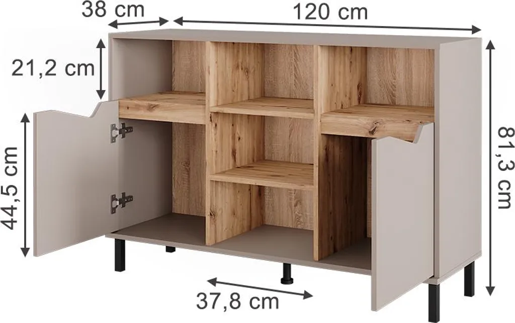 Commode greige et bois artisan, meuble bas de rangement avec 2 portes - 3