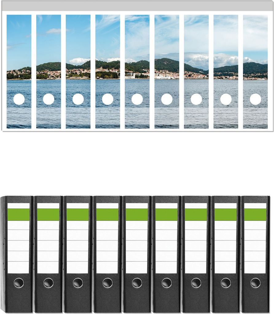 Wallario 9 Stück breite Ordner inkl. Klebeetiketten mit Motive Stadt zwischen Bergen und Meer - Set mit Rückenschildern / Ordnerrücken Stickern