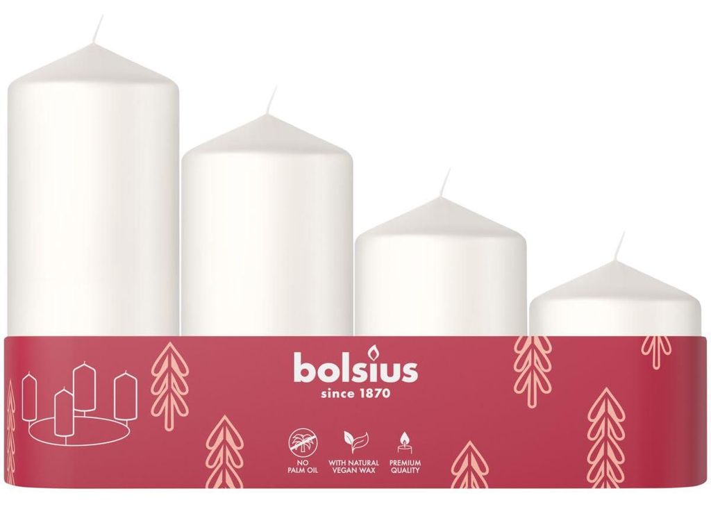 Bolsius Glatte Stumpenkerzen - 4er Set - Advent - Weiß - Produktbild 