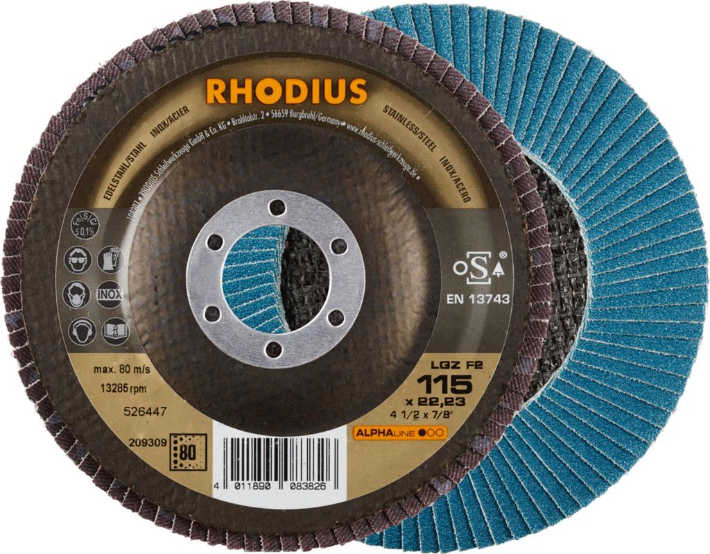 RHODIUS ALPHAline LGZ F2 Fächerschleifscheibe 115 x 22,23 mm K80 10 Stk