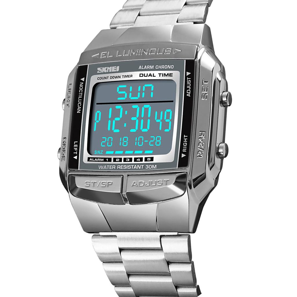 A silver digital watch with a blue display is shown against a white background.