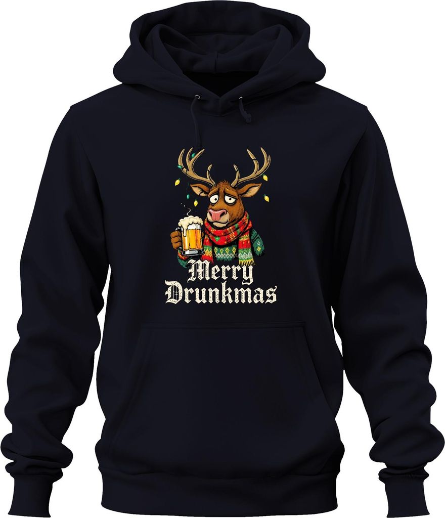 Merry Drunkmas Rentier Bier Weihnachten Lustig Geschenk Ugly Uni Hoodie Kapuzenpullover, Navy, L