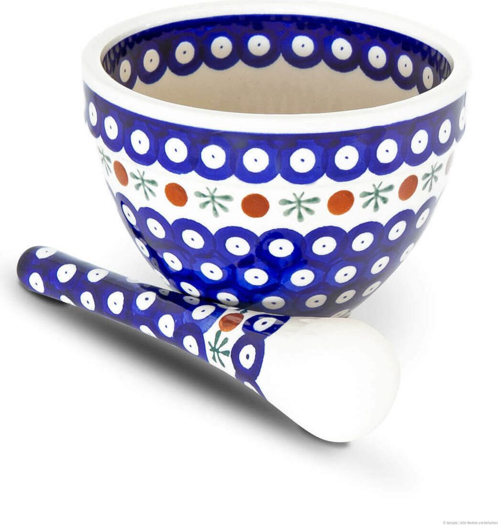 Original Bunzlauer Keramik Mörser mit Stößel im Set, Gewürzmörser zum Mahlen, Zerkleinern & Pürieren von Groß & Klein im Design 41