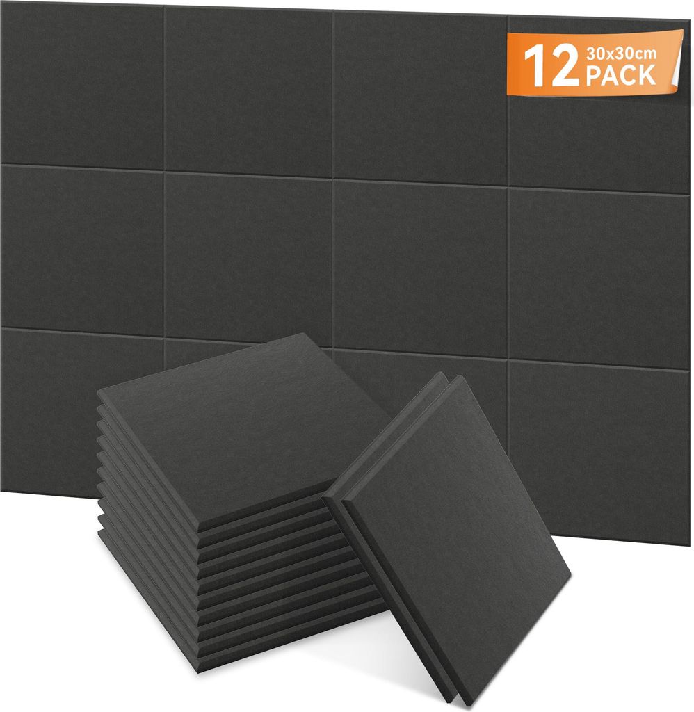 LARS360 Schwarz Akustikpaneele 12er Set 30x30cm Flache Quadrate, Schallschutz Wandpaneele, Schalldämmung, Schallabsorber für Studio Home Gaming