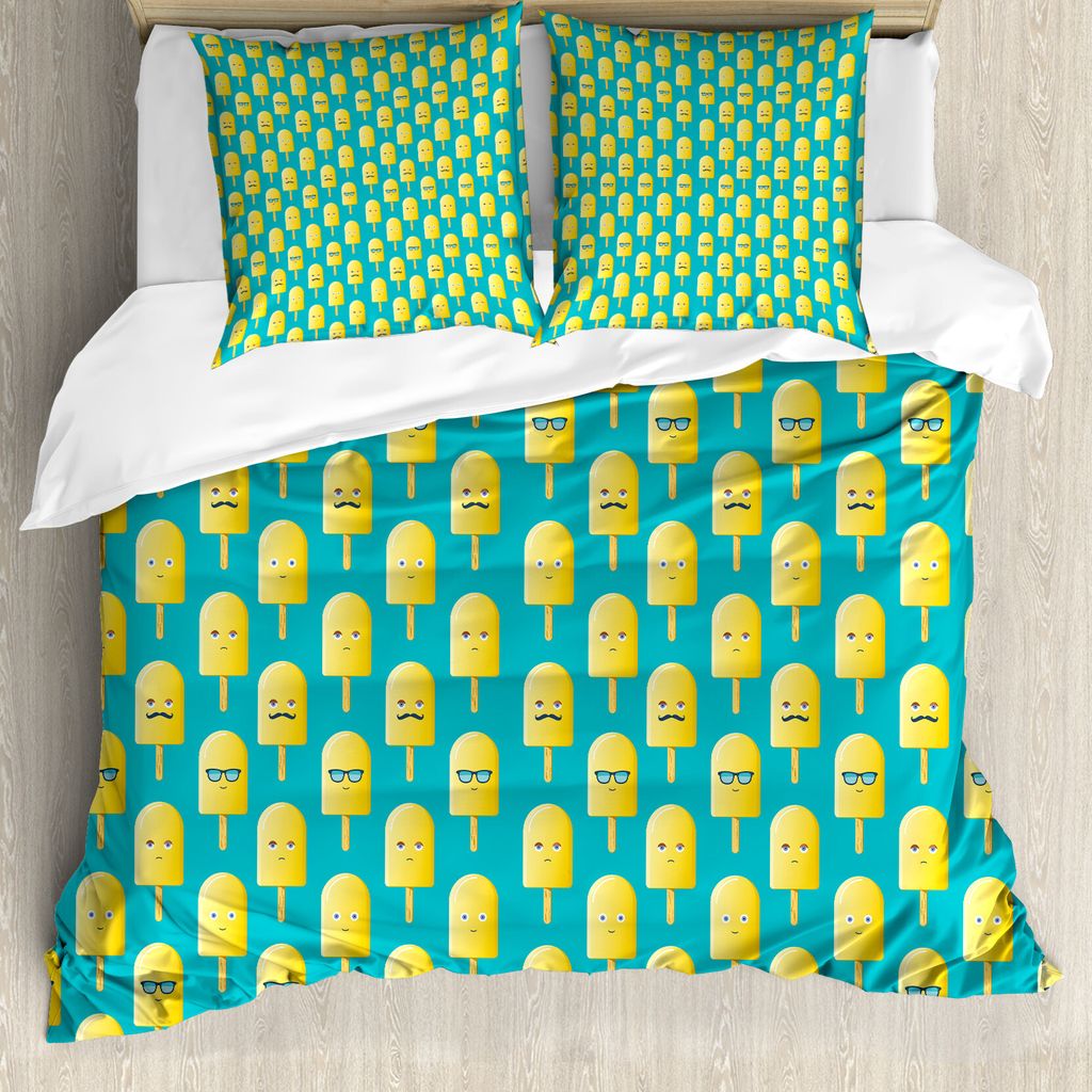 ABAKUHAUS Gelb und Blau Bettbezug, Lemon Flavor Gesicht, Milbensicher Allergiker geeignet mit Kissenbezügen, 155 cm x 220 cm - 80 x 80 cm, Teal Ye...