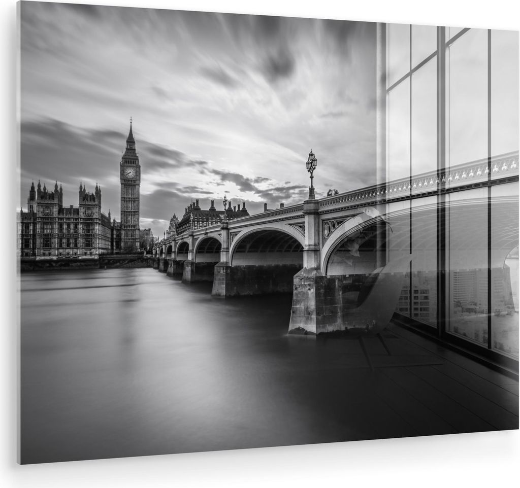 MuchoWow Glasbilder - Bilder auf Wandbild - Foto auf Glas Brücke - Architektur - England - Schwarz und weiß 80x60 cm Wanddekoration aus Glas - Ac...
