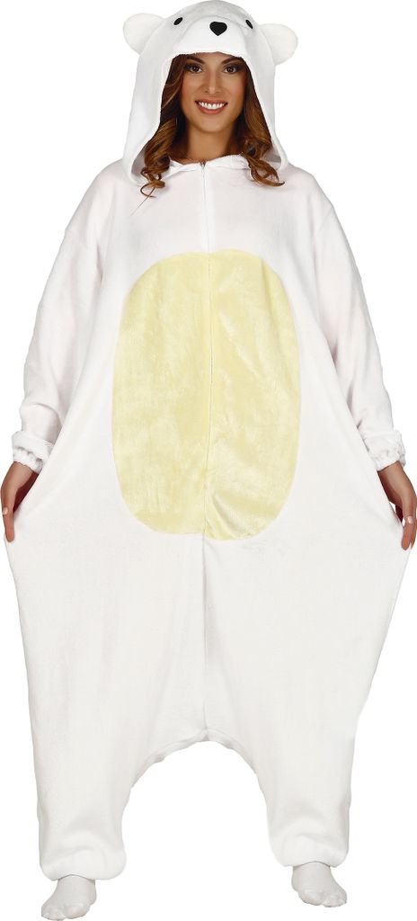 A woman is wearing a white polar bear costume.