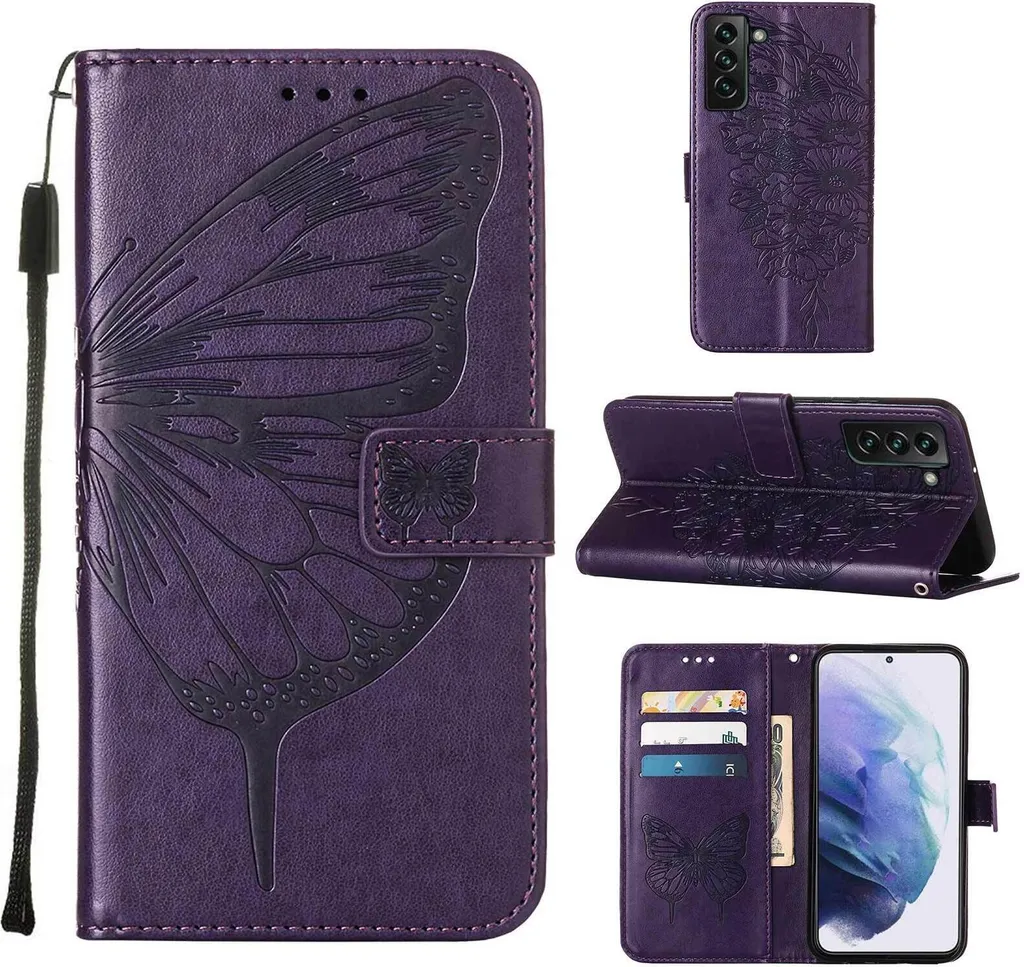 Offerta Cover S22 Plus 5G Viola Farfalla | Pelle Slot Carte e Stand