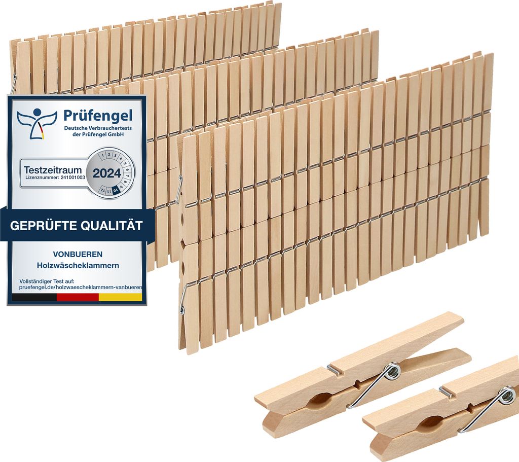 VonBueren 150 x Wäscheklammern Holz groß | Holzklammern aus nachhaltigem unbehandeltem Birkenholz | Holzwäscheklammern auch zum Basteln