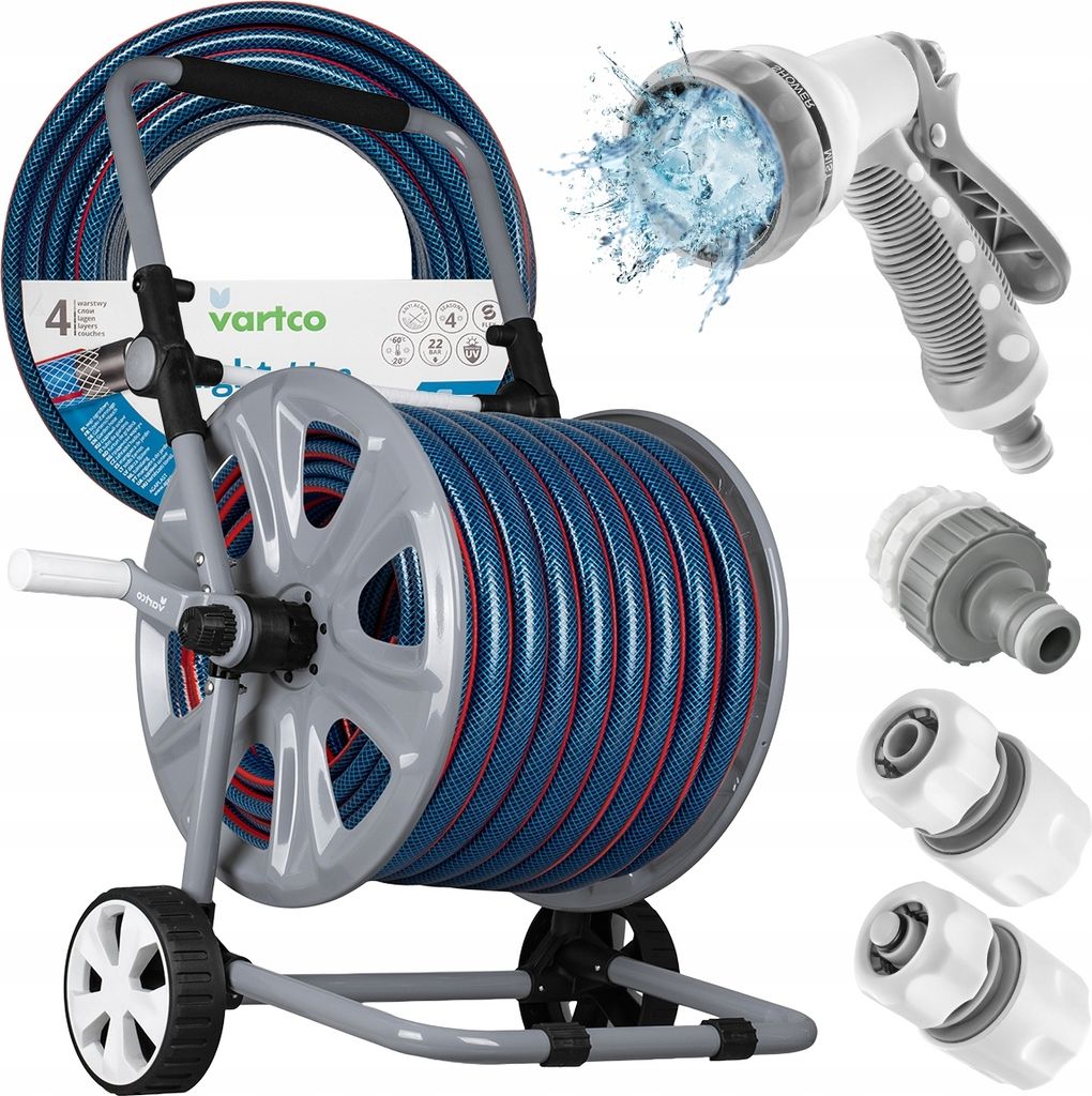 Vartco Set Gartenschlauch Light Blue 30m 1/2" | 4-Lagen | Pistole, Anschlüssen, wagen | Blau