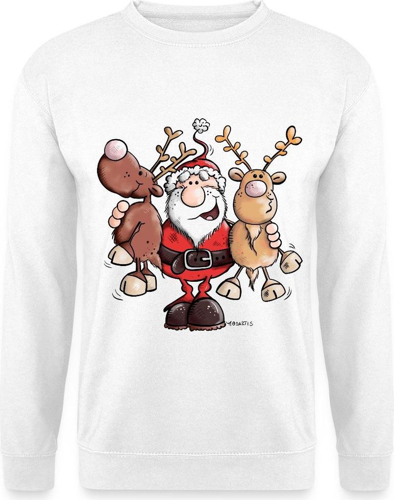 Spreadshirt Fröhlicher Weihnachtsmann Mit Rentieren Cartoon Stil Uni Pullover, M, Weiß