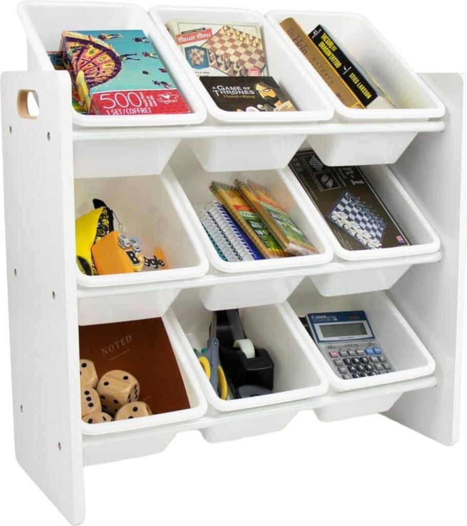 Ginger Home Kinderregal Spielzeug-Organizer, Holzregal mit 9 Kunststoffboxen, Weiß