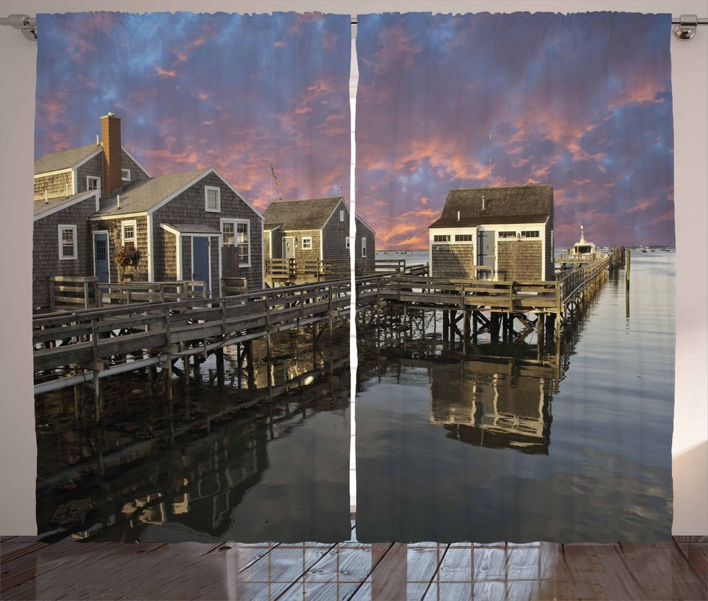 ABAKUHAUS Vereinigte Staaten Rustikaler Gardine, Sonnenuntergang Nantucket, Schlafzimmer Kräuselband Vorhang mit Schlaufen und Haken, 280 x 225 cm...