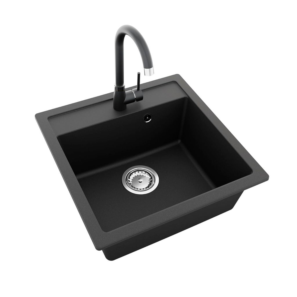 GRANMASTER Horizon Granitspüle mit Wasserhahn 1 Becken mit Siphon, Spüle Arbeitsplatte Küchenspüle mit Wasserhahn, 49 x 49 x 20,3 cm Spüle aus...