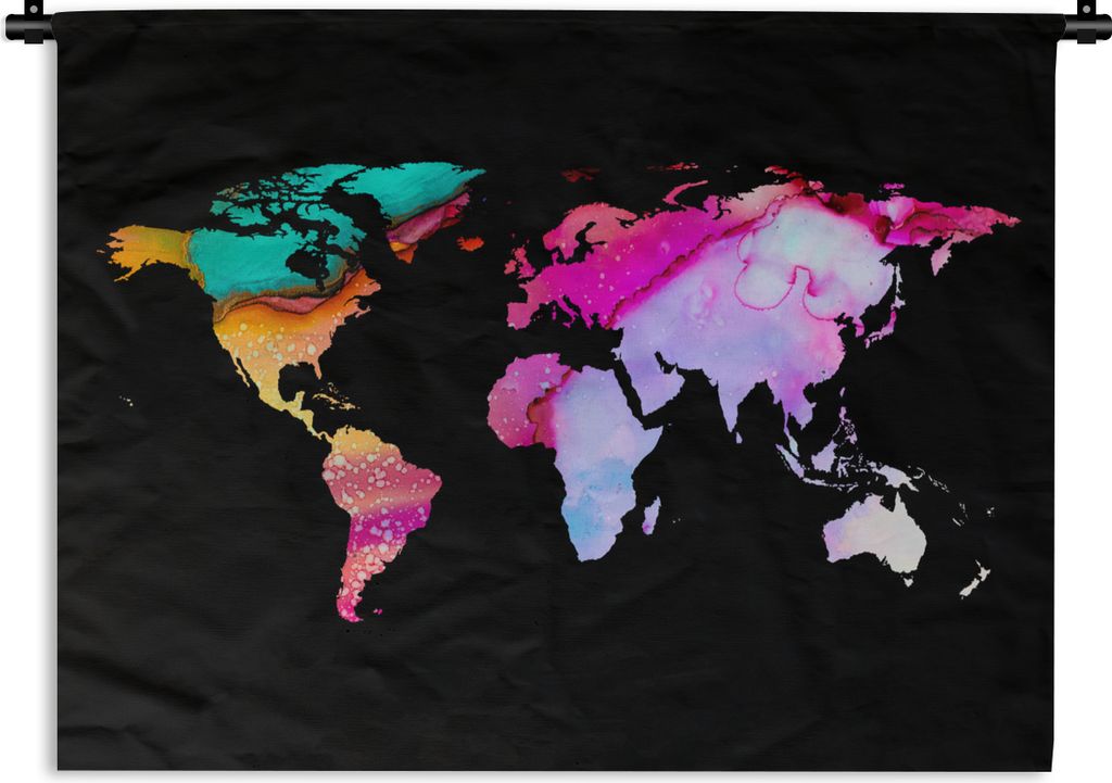 MuchoWow Wandteppich Wandbehang Weltkarte - Regenbogen - Schwarz 150x112 cm Tapisserie Dekoration Wandtuch - Wanddecke - Wandteppiche